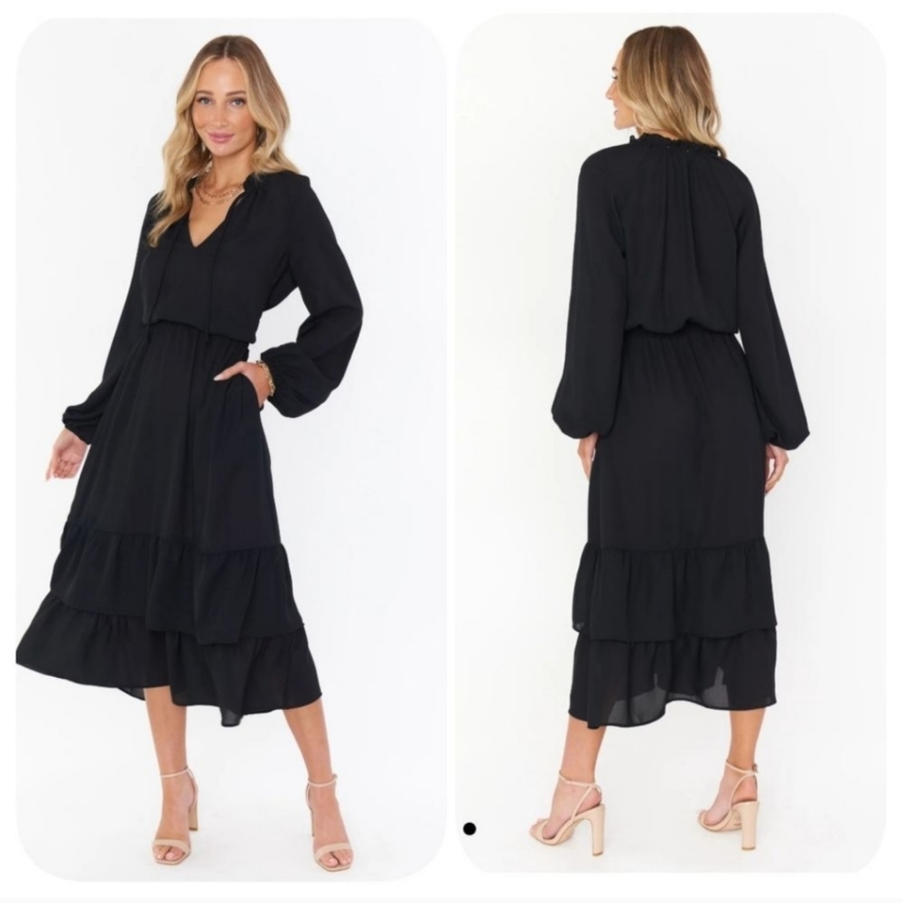 Show Me Your Mumu Cait Midi Dress with Ruffled Hem - Black‎ Sz S